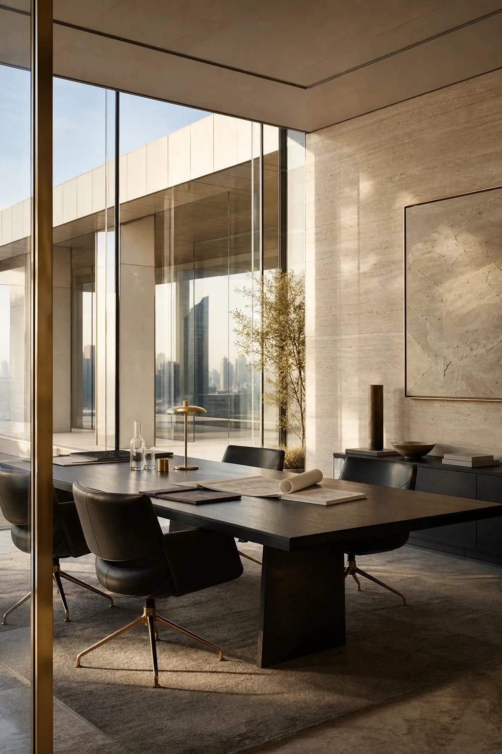 Premium executive workspace with warm architectural light and city-facing glass